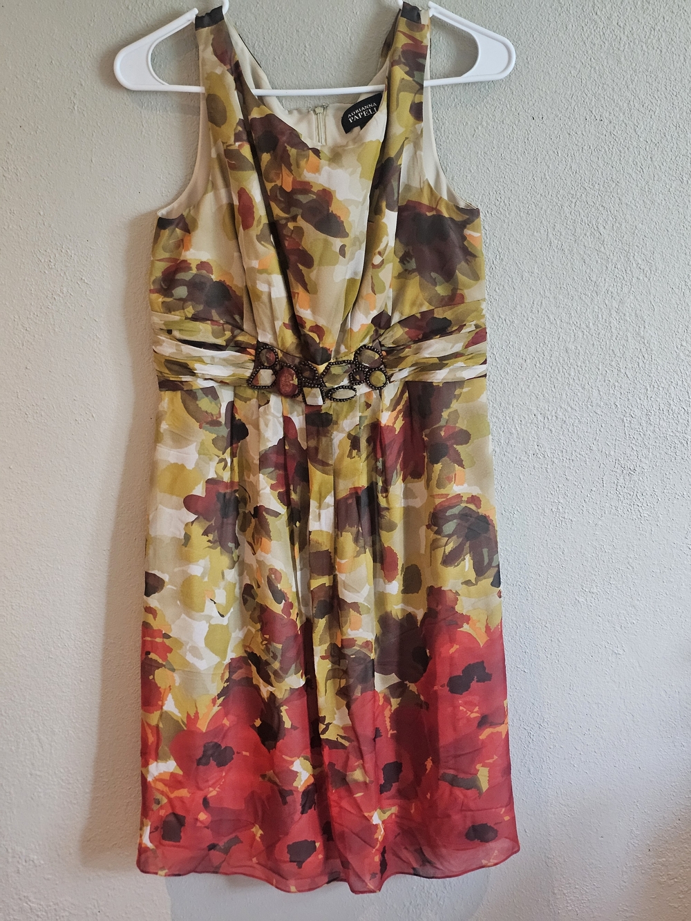 Adrianna Papell Beaded Waist 100% Silk Chiffon Floral Midi Dress Size 10